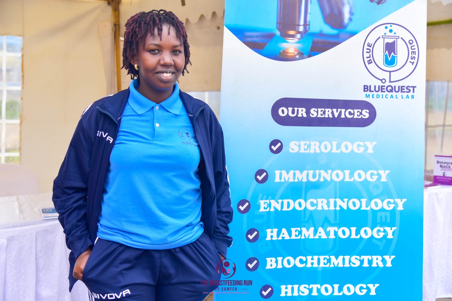 BlueQuest Medical Lab professional staff member with services banner